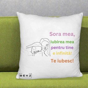 Cadou pentru Sora - Perna Personalizata Sora Mea Te Iubesc Line Art Fete Colorate Brate Ridicate, 40x40 cm, Alb Pufos, Husa Detasabila, Perna Inclusa, BEKZ®