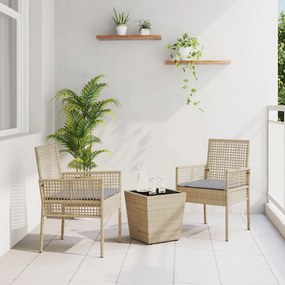 vidaXL Set bistro de grădină, 3 piese, cu perne, bej, poliratan