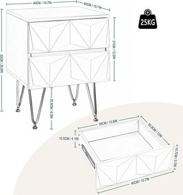 NOA223 - Set 2x Noptiere albe 40 cm, cu 2 sertare, dormitor - Alb-Auriu