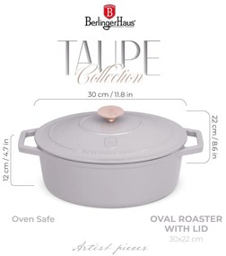 Oală din fontă emailată ovală cu capac 30 cm, 4.65L – Berlinger Haus Taupe Collection BH 6541, perfectă pentru cuptor, friptură și pâine