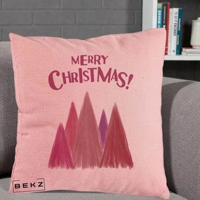 Perna Decorativa Merry Christmas Brazi Roz, 40x40 cm, Roz, Husa Detasabila, Perna Inclusa, BEKZ®