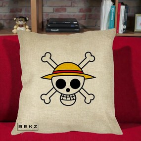 Perna Personalizata One Piece Jolly Roger Straw Hat Pirates, 40x40 cm, Crem, Husa Detasabila, Perna Inclusa, BEKZ®