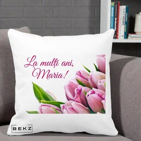 Cadou de Onomastica - Perna Personalizata La Multi Ani Maria Lalele, 40x40 cm, Alba Mata, Husa Detasabila, Perna Inclusa, BEKZ®