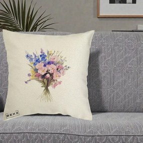 Perna Decorativa Buchet Floral Acuarela Primavara, 40x40 cm, Ecru, Husa Detasabila, Perna Inclusa, BEKZ®