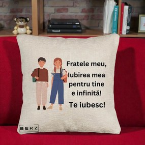 Cadou pentru Frate - Perna Personalizata Fratele Meu Te Iubesc Elevi Ilustratie Colorata, 40x40 cm, Bej Canapea, Husa Detasabila, Perna Inclusa, BEKZ®