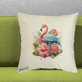 Perna Decorativa Flamingo cu Hibiscus Tropical, 40x40 cm, Ecru, Husa Detasabila, Perna Inclusa, BEKZ®