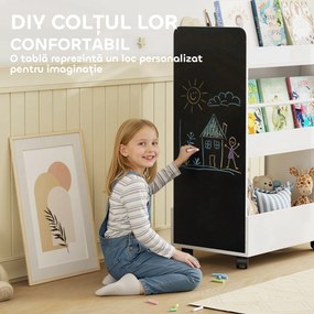 AIYAPLAY Bibliotecă pentru Copii 3-8 Ani pe Două Părți, Raft de Jucării cu Roți și Tablă Neagră, Alb | Aosom Romania