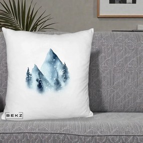 Perna Decorativa Munti Inzapeziti Acuarela Indigo, 40x40 cm, Alb Pufos, Husa Detasabila, Perna Inclusa, BEKZ®