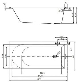 Cada baie dreptunghiulara 150x75 cm, alba, acril, Cersanit City