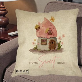 Perna Decorativa Home Sweet Home Casuta, 40x40 cm, Crem, Husa Detasabila, Perna Inclusa, BEKZ®