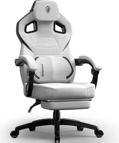 RESIGILAT- DOWINX Scaun gaming, ergonomic, suport lombar cu masaj, Șezut cu Arcuri Metalice și Spumă, Spătar înalt, rabatabil 90°-135°, Suport picioare, rezistent 150 kg, material textil respirabil, Alb/Gri