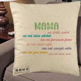 Cadou pentru Mama - Perna Personalizata Mama Cel Dintai Cuvant cu Text Colorat Multicolor, 40x40 cm, Bej, Husa Detasabila, Perna Inclusa, BEKZ®