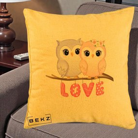 Perna Decorativa Love Bufnite Indragostite pe Crenguta Roz si Mov, 40x40 cm, Galben, Husa Detasabila, Perna Inclusa, BEKZ®