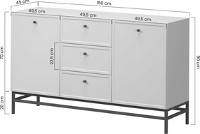 Comodă Lorini 150 cm cu sertare - cașmir / mânere negre T-bar / cadru