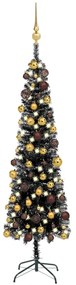 Set brad de Craciun subtire cu LED-uri si globuri negru 120 cm 1, Negru si auriu, 120 cm