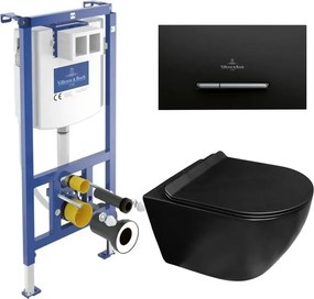 Set rezervor WC cu cadru incastrat Villeroy&Boch ViConnect si clapeta de actionare ViConnect 300S negru mat plus vas WC Rune Ivaldi Grande cu capac softclose
