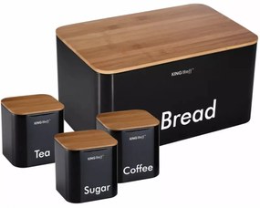 Set cutie de paine neagra cu 3 recipiente, otel, capace din bambus, Kinghoff KH1086