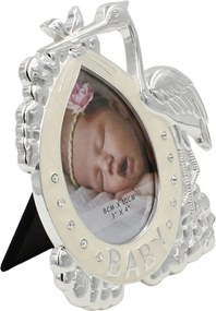 Ramă Foto BABY Barză Argintie AZAY cu Cristale, 8x10 cm, Ramă Foto Nou-Născut, Cadou Botez Băiat sau Fetiță, Cutie Cadou