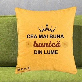 Cadou pentru Bunica - Perna Personalizata Cea Mai Buna Bunica Din Lume Coroana Mov Flori, 40x40 cm, Galben, Husa Detasabila, Perna Inclusa, BEKZ®