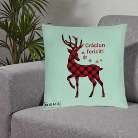 Perna Decorativa Ren Tartan Craciun Fericit, 40x40 cm, Verde Menta, Husa Detasabila, Perna Inclusa, BEKZ®
