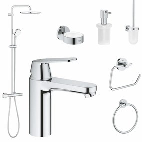 Set coloana dus si baterie lavoar Grohe Cosmopolitan cu accesorii baie Grohe Essentials, crom