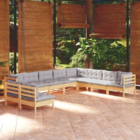 3096838 vidaXL Set mobilier grădină cu perne, 10 piese, gri, lemn masiv pin