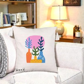 Perna Decorativa Vaze Botanice Abstract, 40x40 cm, Bej cu Franjuri, Husa Detasabila, Perna Inclusa, BEKZ®