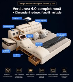 MOBLUX99 Utility 160x200 cm Beige Right Chaise – Pat Inteligent Premium cu Proiector, Vibromasaj, Boxe Bluetooth, Încărcare Wireless și Spații Multiple de Depozitare