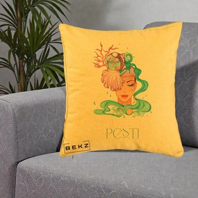 Perna Personalizata Zodiac Pesti Cowgirl, 40x40 cm, Galben, Husa Detasabila, Perna Inclusa, BEKZ®