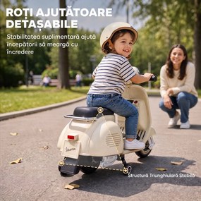 AIYAPLAY Motocicletă Electrică pentru Copii 3+ Ani, Licență VESPA, 6V, cu Roți Ajutătoare Detașabile, Max. 30 kg, Alb | Aosom Romania