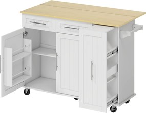 HOMCOM Insulă de bucătărie mobilă, suprafață extensibilă, uși de dulap, sertare, suport pentru prosop, cărucior de bucătărie din MDF, Alb | Aosom Romania