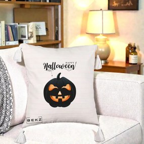 Perna Decorativa Happy Halloween Dovleac Negru cu Paianjen, 40x40 cm, Bej cu Franjuri, Husa Detasabila, Perna Inclusa, BEKZ®
