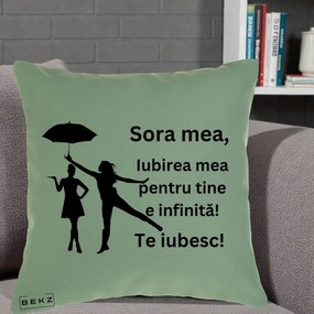 Cadou pentru Sora - Perna Personalizata Sora Mea Te Iubesc Siluete Negre cu Umbrela, 40x40 cm, Verde, Husa Detasabila, Perna Inclusa, BEKZ®