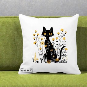 Perna Decorativa Pisica Neagra Ochi Galbeni Flori Galbene, 40x40 cm, Alba Mata, Husa Detasabila, Perna Inclusa, BEKZ®