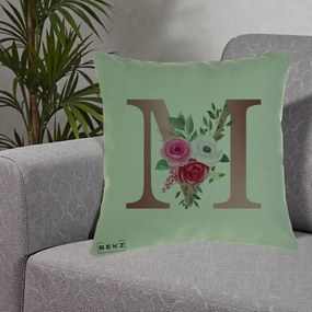 Cadou Personalizat - Perna Personalizata Monograma Rose Gold Litera M cu Trandafiri, 40x40 cm, Verde, Husa Detasabila, Perna Inclusa, BEKZ®
