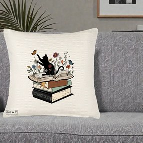 Perna Personalizata Pisica Neagra Carti Flori Fluturi, 40x40 cm, Crem Reliefat, Husa Detasabila, Perna Inclusa, BEKZ®