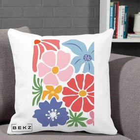 Perna Decorativa Flori Grafice Roz-Rosu-Albastru, 40x40 cm, Alba Mata, Husa Detasabila, Perna Inclusa, BEKZ®