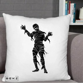 Perna Decorativa Mormii Infricosat Silueta Neagra Halloween, 40x40 cm, Alb Pufos, Husa Detasabila, Perna Inclusa, BEKZ®