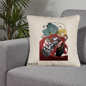Perna Personalizata Fullmetal Alchemist Brotherhood Edward si Al Poster, 40x40 cm, Bej Canapea, Husa Detasabila, Perna Inclusa, BEKZ®
