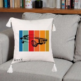 Perna Personalizata Masina Retro Muscle Car Grafic, 40x40 cm, Bej cu Franjuri, Husa Detasabila, Perna Inclusa, BEKZ®