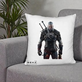 Perna Personalizata The Witcher Geralt of Rivia Portret, 40x40 cm, Alb Pufos, Husa Detasabila, Perna Inclusa, BEKZ®