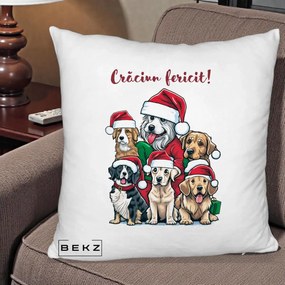 Perna Decorativa Caini cu Bonete Craciun Fericit, 40x40 cm, Alb Pufos, Husa Detasabila, Perna Inclusa, BEKZ®