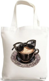 Sacosa de Panza pentru Cumparaturi, Geanta Tote, model Stylish Coffee 38 x 34.5 cm, Alba, BEKZ®