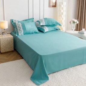 Lenjerie de pat uni cu pliuri si broderie, bumbac tip finet, 6 piese, pat 2 persoane, turquoise, FNJS-56