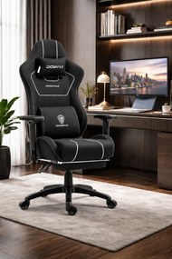DOWINX 6657B - Scaun Gaming Ergonomic, Masaj in perna lombara, Șezut cu Arcuri Metalice și Spumă, Cotiere 4D, Suport pentru picioare, Rabatabil, Rezistent 136 kg, Material textil, Negru