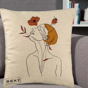 Perna Decorativa Portret Feminin Mac Privire Inalta, 40x40 cm, Bej, Husa Detasabila, Perna Inclusa, BEKZ®