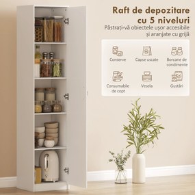 HOMCOM Dulap de Bucătărie Înalt Slim 180 cm, Mobilier cu 5 Rafturi și Ușă Soft Close, Anti-Răsturnare, Rafturi Reglabile, Mobilier Modern pentru Bucătărie, Alb | Aosom Romania