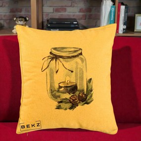 Perna Decorativa Felinar cu Lumanare si Conuri, 40x40 cm, Galben, Husa Detasabila, Perna Inclusa, BEKZ®