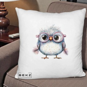 Perna Decorativa Pui Pufos cu Ochelari Roz, 40x40 cm, Alb Pufos, Husa Detasabila, Perna Inclusa, BEKZ®