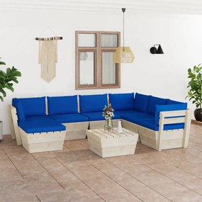Set mobilier gradina din paleti cu perne, 8 piese, lemn molid Albastru, 3x colt + 3x mijloc + masa + suport pentru picioare, 1